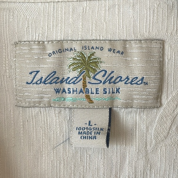 Island Shores 100% Silk Men’s Button Down Shirt L Hawaiian Neutral Cream Casual - Picture 2 of 12